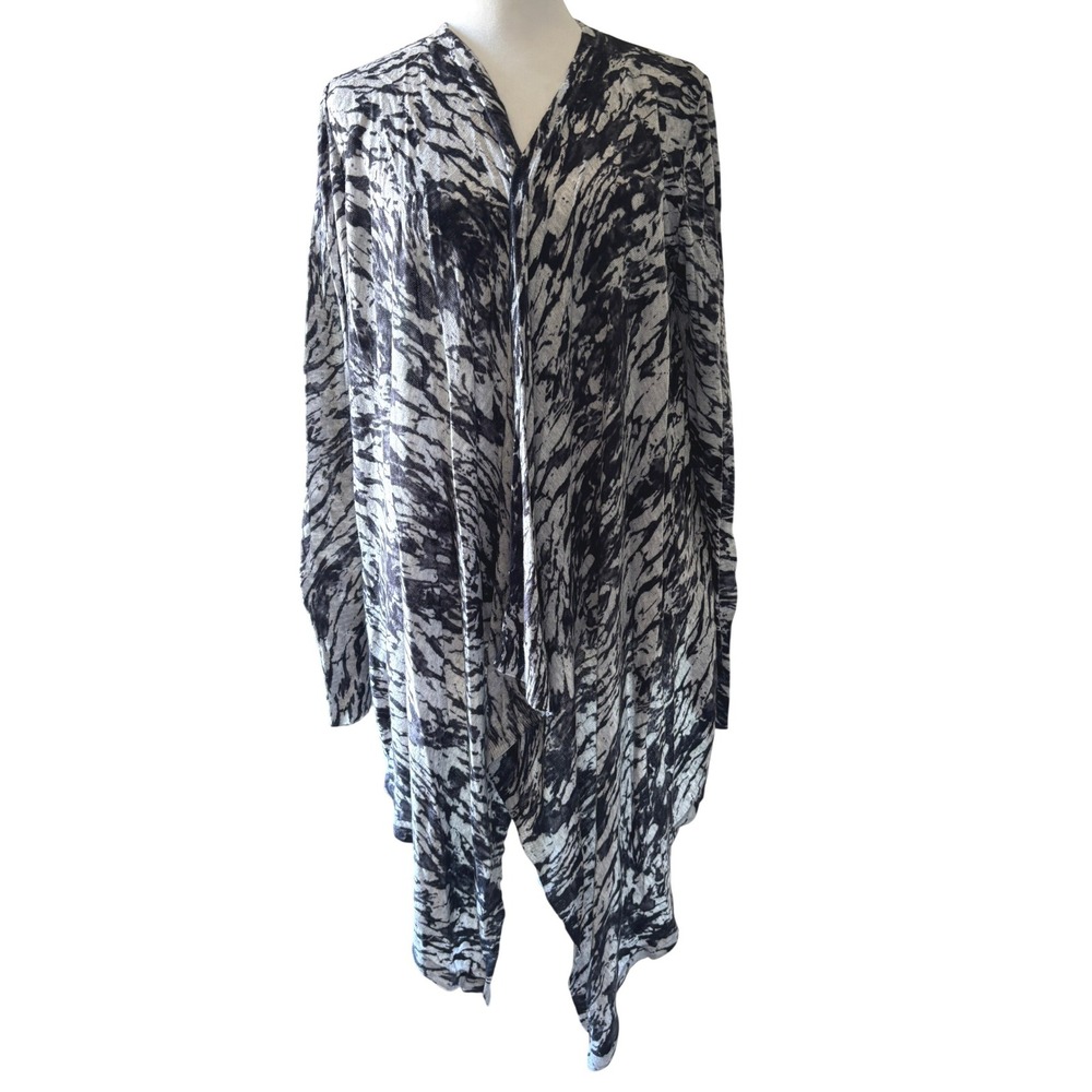 Line Cardigan Women Large Gray Black Abstract Modal Cashmere Open Front Draped